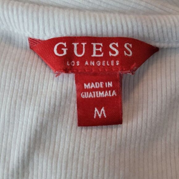 Y2K Guess White Ribbed Womens Short Sleeve V-neck Top Sz M Black Logo Stretch - Picture 3 of 14